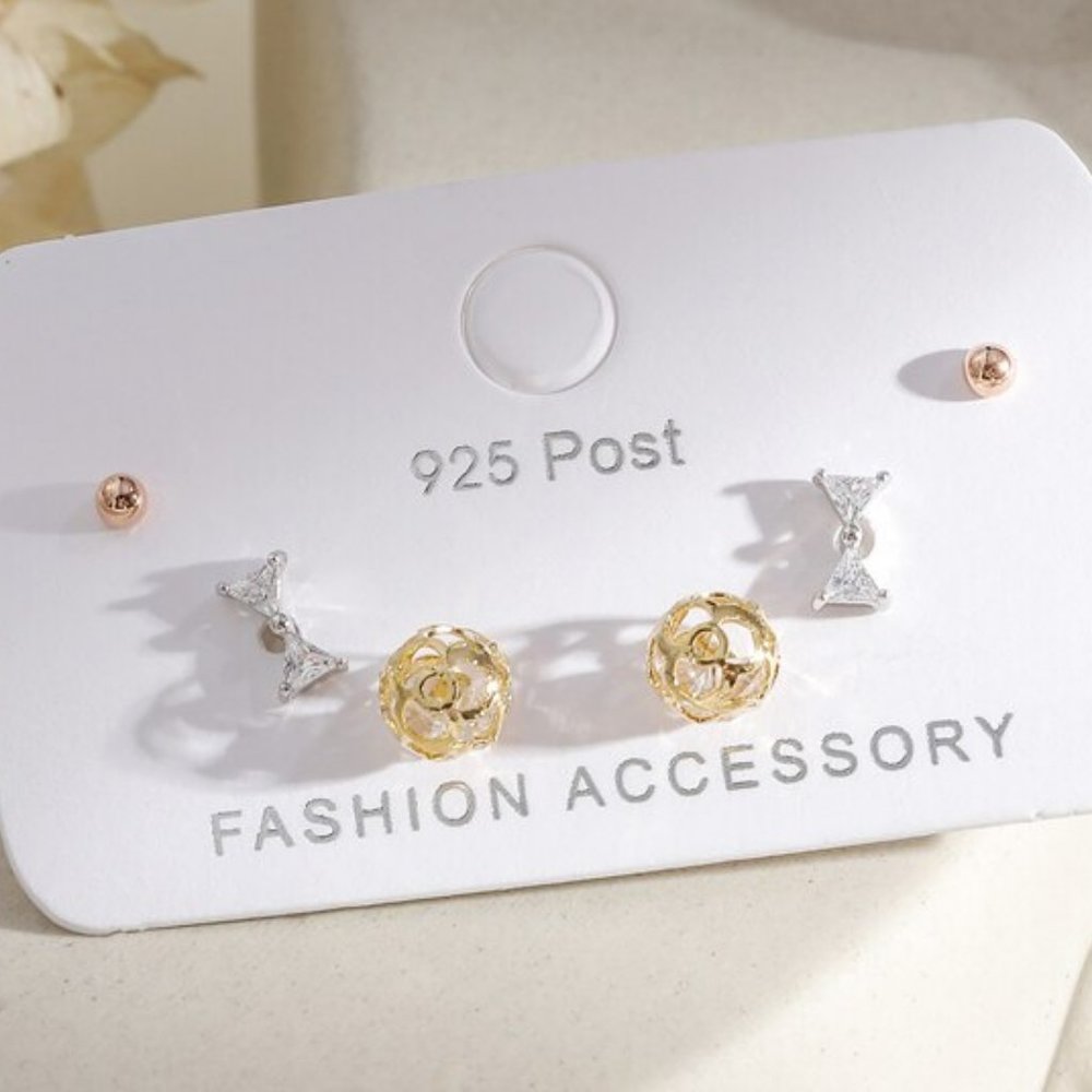 [3 Pairs] 925 Sterling Silver Diamond Earrings B